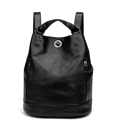 Mochila Casual para Mujer de Cuero Sintético Impermeable, Backpack Escolar 2 en 1 como Mochila y Bolsa Bandolera Tipo Cubeta, Gran Capacidad Multibolsillos de Moda para Trabajo Viaje Colegio (Negro)