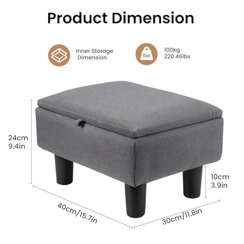 YORKING Footstool with Storage, Small Ottoman Stool, Fabric Footstool with Padded Seat, Sofa Footrest Extra Seating for Living Room Bedroom Entryway, 15.7"×11.8"×9.4", Dark Grey - Image 2