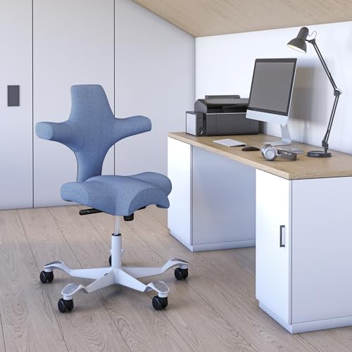 Image of HAG Capisco Standard Chair-White Frame-Upholstered Light Blue Washed