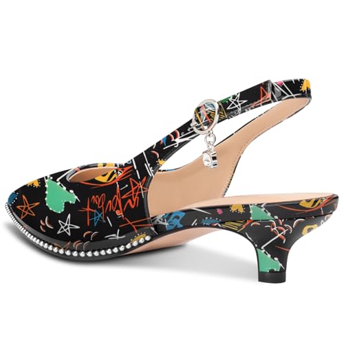Image of TNYNFBEB Womens Low Kitten Heel Close Pointed Toe Pumps Slingback Silver Beaded Buckle Prom Party Dress Patent Leather 1.4 Inches Heels