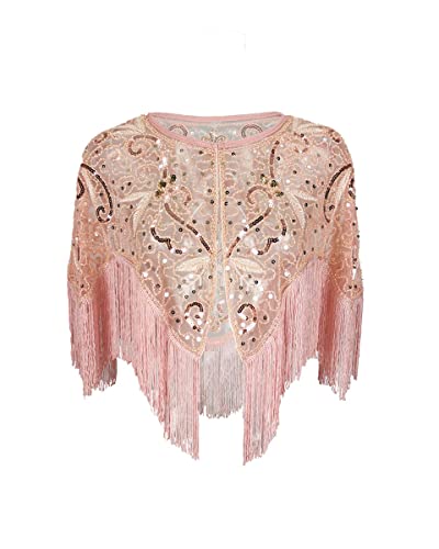 Grouptap Chal de encaje de los años 20, gatsby, bolero, capa envolvente de lentejuelas para niñas y mujeres, disfraz de noche art deco (talla única) (rosa)