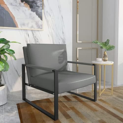 HOOSENG Accent Chair, Modern Armchair Upholstered Chairs, Thick Padded Backrest, Seat Cushion, Non-Slip Adsorption Feet, 29" H/74cm Faux Leather Single Sofa Chair for Living Room Bedroom, Grey