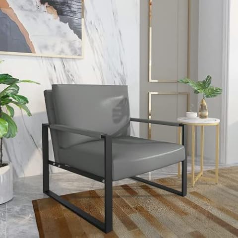 HOOSENG Accent Chair, Modern Armchair Upholstered Chairs, Thick Padded Backrest, Seat Cushion, Non-Slip Adsorption Feet, 29" H/74cm Faux Leather Single Sofa Chair for Living Room Bedroom, Grey Cover