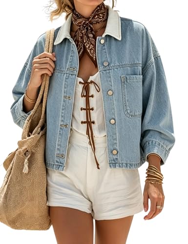 Omoone Women's Cropped Oversized Denim Jacket Color Block Patchwork Collar Long Sleeve Short Jean Trucker Coat (DenimBlue-M)