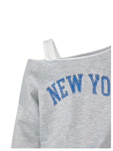 SHENHE Girl's Graphic Letter Print Off Shoulder Sweatshirt Asymmetrical Preppy Pullover Top3