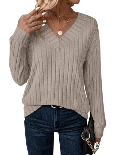 JUSTFASHIONNOW Long Sleeve V Neck Shirts for Women Fall Tops Lightweight Sweaters Dressy Casual Tunic Tops 2025 Outfits