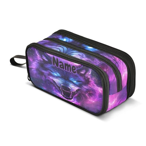 Image of Custom Blue Eyes Wolf Purple Galaxy Pencil Case Box Boys Girls Personalized Name Large Pencil Pouch Stationery Pen Bag Organizer for Kids Adults School Office