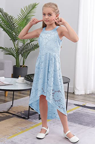 Gorlya Girl's Elegant Halter Neck Floral Lace Hi-Lo Flower Girl Birthday Party Dress For 4-14T Kids(Gor1027,12Y,Lightblue) #TOP3