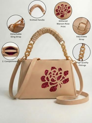 Image of LIKE STYLE Women's PU Sling Bag with Gold Glitter Floral Print | Dual Compartment Crossbody & Shoulder Bag with Braided Handle | Stylish Zip Closure Handbag for Office & Daily Use | Durable Material
