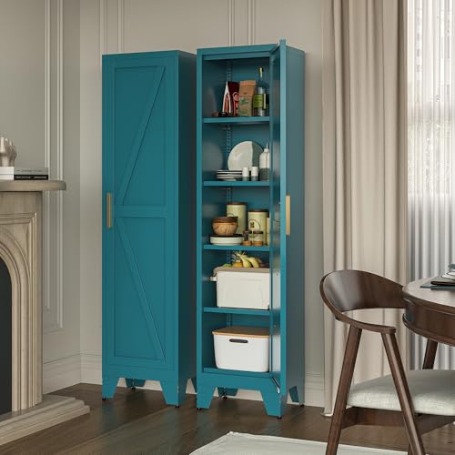 Image of LCAOPC 67 inch Tall Narrow Bathroom Metal Storage Cabinet with 4 Adjustable Shelves, Freestanding 5 Tier Slim Pantry Storage Cabinet for Small Space, Peacock