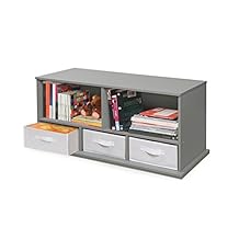 Badger Basket Stackable Toy Storage Organizer - 5-Shelf Modular Unit with 3 Removable Fabric Bins, Solid Panel Construction, Expandable Design for Toys and Crafts - Gray