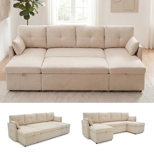 Image of Huatean Home Oversized Sleeper Sofa Couch, 100 inch 2 in 1 Pullout Couch Bed with Side Pockets for Living Room, Sectional Sleeper Sofa Bed with Double Storage Chaise, Beige