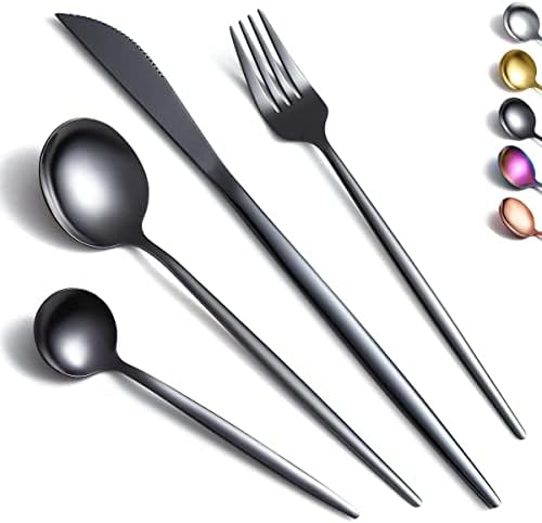 Kyraton Black Cutlery Set 16 Pieces, Stainless Steel Flatware Set, Titanium Plating Black Silverware Set Strong Anti Rust, Dishwasher Safe, Tableware Set Serving 4 People.