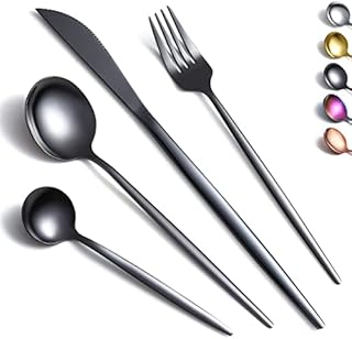 Kyraton Black Cutlery Set 16 Pieces, Stainless Steel Flatware Set, Titanium Plating Black Silverware Set Strong Anti Rust, Dishwasher Safe, Tableware Set Serving 4 People.