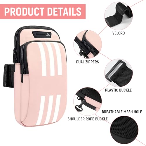 Image of Proberos Running Armband Phone Pouch for 7'' Smartphones, Waterproof, PU Double Layer Zip Bag, Adjustable Arm Band with Reflective Strip & Earphone Hole, Phone Holder for Men Women, Pink