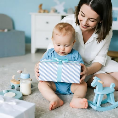 Papier cadeau bleu layette à rayures idéal pour cadeaux de naissance