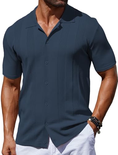 COOFANDY Men's Knit Shirt Short Sleeve Button Down Vintage Polo Shirts Casual Summer Beach Shirts