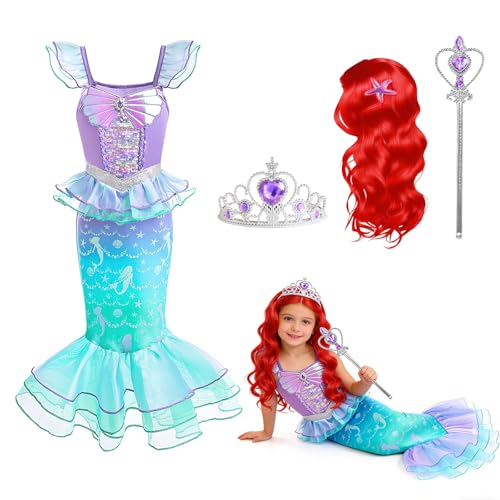 FainFun 4 Teiliges Set Mermaid Costume for Girls Meerjungfrauen Prinzessin kleid Mädchen Meerjungfrauen Kostüm Mädchen Fasching für Karneval Halloween Kostümpartys andere Feierlichkeiten (B 130)