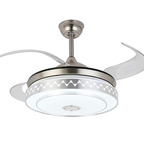 60% Off Discount Retractable Ceiling Fan with Light and Bluetooth Speaker, 7 Color Change Bluetooth Fan Chandelier with Remote Silent Motor Indoor Fans 42Inch (Silver) (Simple)