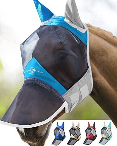 Harrison Howard CareMaster Pro Luminous Horse Fly Mask Large Eye Space Long Nose with Ears UV Protection for Horse Dresden Blau L