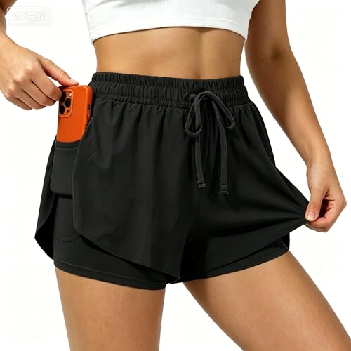 TIMEPAY Womens Athletic Shorts High Waisted 2 in 1 Flowy Workout Skorts with Liner Pockets for Running Tennis Yoga Gym Black