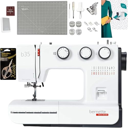 Bernette B35 Sewing Machine for Beginners | 23 Built-In Stitches 7 Presser Feet One-Step Buttonhole | Includes Cutting Mat Scissors Bobbins Seam Ripper Screwdriver Foot Pedal & Accessories