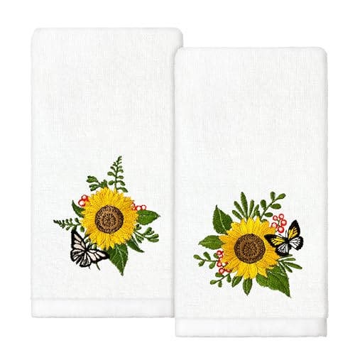 Puwurak Sunflower Hand Towels Set of 2 Embroidered Decorative Dish Towels 13.7 x 29.5 Inch Sunflower Bathroom Decor Spring Summer Absorbent Towels for Bathroom Kitchen