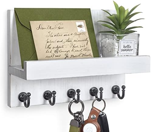 HONJIN Key Holder for Wall: Easy Installation Mail Organizer Wall Mount Hanging Key Rack for Kitchen and Entryway Decor with 5 Sturdy Key Hooks (White)