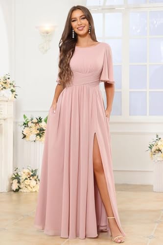 Chiffon Short Sleeve Long Bridesmaid Dresses for Women Ruched Evening Formal Gowns3