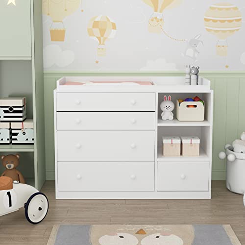 Hitow Dresser Changing Table with 5 Drawers and 2 Shelf, Nursery Station Diaper Changing Drawer Dresser Organizer Storage with Top Guardrail for Bedroom Living Room Hallway, White