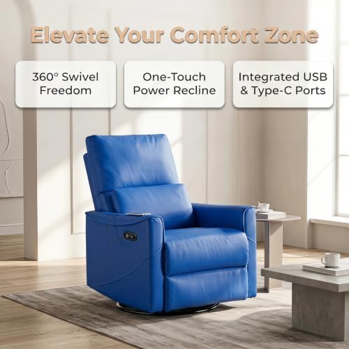 Image of Leather Power Swivel Rocking Recliner Chair, Electric Lazy Boy Reclining with Home Theater Seating, 360 Swivel Oversized Recliner Chair for Living Room, Bedroom, Reading, Napping, Blue