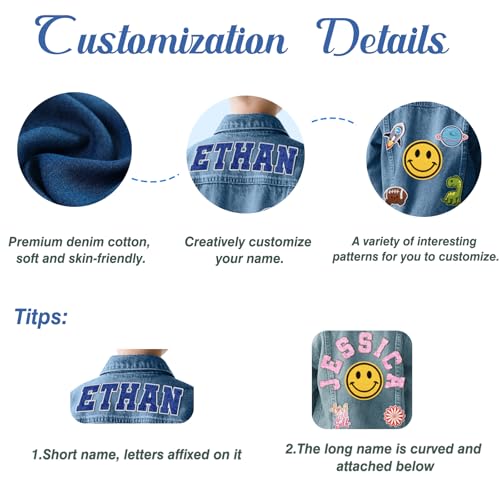 Personalized Kids Denim Jacket with Names - Custom Long Sleeve Jean Jacket with Name Patches for Girls & Boys 1-14 Years Back to School Birthday Christmas Gifts4