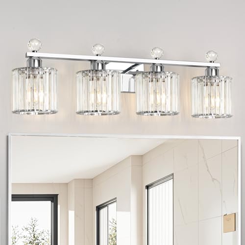 Image of Modern Crystal Bathroom Vanity Light 4-Lights Chrome Vanity Lights for Bath | Crystal Bathroom Wall Fixture over Mirror, Wall Sconces Lighting with Clear Glass Shade for Bedroom,up and down installation