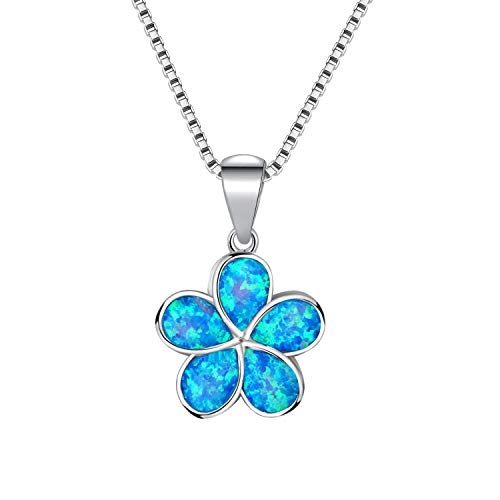 Cinily Flower Pendant Necklace For Women Girls Blue Opal Sterling Silver Plated Hawaiian Plumeria Flower Jewelry Gift #TOP12