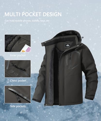 Image of Men's Mountain Ski Jacket Winter Snow Coats Waterproof Warm Fleece Lining Jacket Parka with Hooded