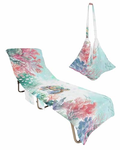 Sea Turtle Beach Lounge Chair Towel Cover, Soft Chaise Lounge Towel with Side Pockets Patio Pool Chairs Cover for Beach/Pool Sunbathing 29x85 Coastal Coral Nautical Summer Beach Teal