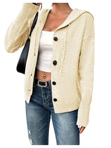 Image of RoseSeek Women's Hooded Cardigan Sweater Long Sleeve Button Front Ribbed Knit Jacket Cardigan Trendy