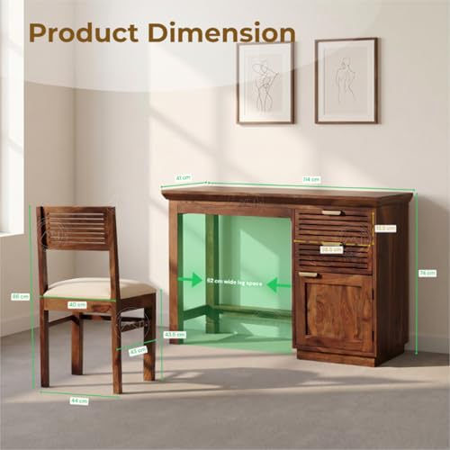 Image of NSH Solid Sheesham Wood Study Table with Chair | Wooden Writing Desk with Drawer & Door Storage | Pre-Assembled Computer Desk Workstation for Home Office & Study Room | Honey Finish