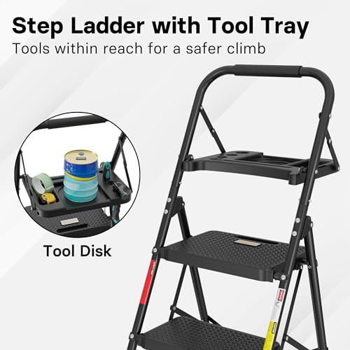 Image of BONTEC 4-Step Ladder, Folding Step Stool, 600lbs Max Load, Black