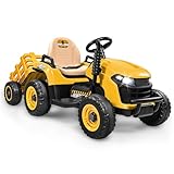 ANPABO 24V Ride On Tractor w/Tiltable & Detachable Trailer, EVA Tires, Up to 4.3Mph, Ride On Toys with Parental Remote, Realistic Tractor Sound & Chimney, Music Player, LED Light, Yellow