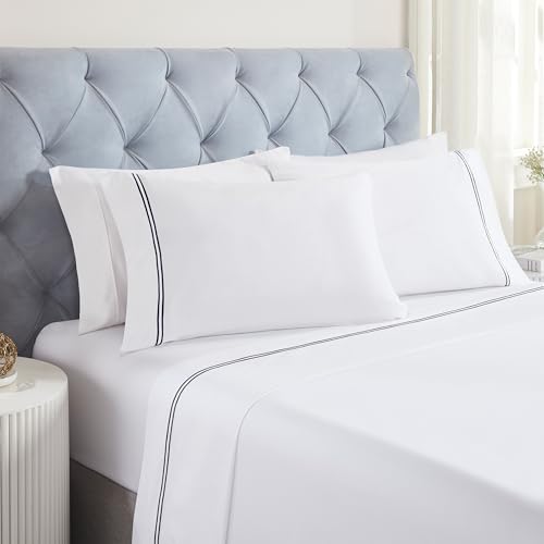 Superior Embroidered Cotton Bed Sheet Set, 1 Elastic Deep Pocket Fitted Sheet, 1 Flat Sheet, 2 Pillowcases, Daily Soft Sheets, Luxury, Two-Line Design, Fieldstone Collection, Full, White/Navy Blue by SUPERIOR - Used condition - US$28.99