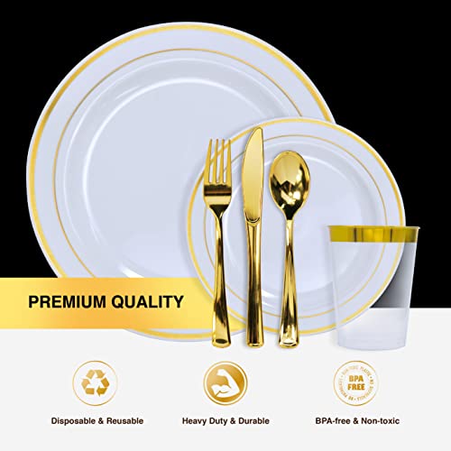 Festzon 350Pcs Gold Disposable Plates, 50 Guest Plastic Dinnerware Set W/ 100 Gold Dessert Dinner Plates, 50 Plastic Cups, 50 Napkins And 50 Gold Plastic Silverware Set For Wedding, Baby Shower Party #TOP1