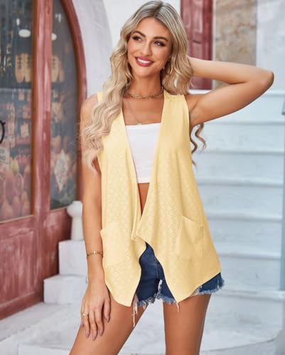 Image of jinghuiyue Women's Lightweight Cardigan Summer Hollow Out Sleeveless Cardigan High Low Hem Draped Open Front Vest with Pocket