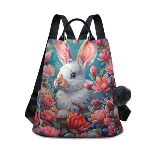 Mochila antirrobo de mujer con estampado de conejo blanco y flores rosas para diario