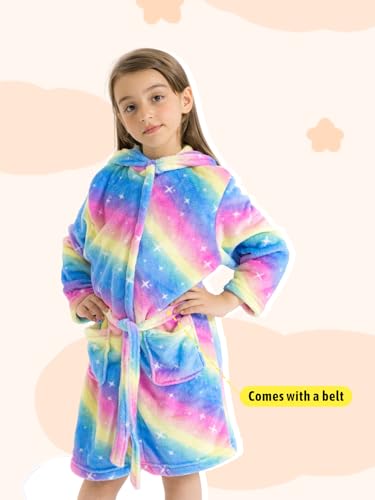 ACTLATI Girls Fleece Hooded Robe, Plush Rainbow Star Unicorn Leopard Bathrobe With Pockets for Age 3-12 Kids Christmas Gifts2