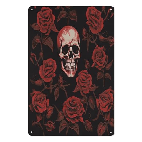 Letrero de estaño de calavera y rosa para colgar arte de pared metálico retro 2