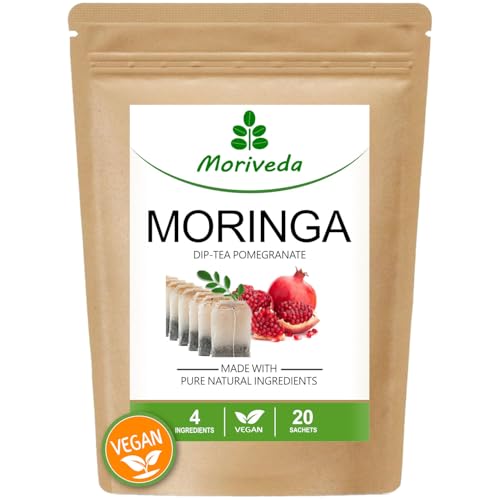 MoriVeda® - Té de Moringa 100% natural y vegano (selección de mezcla de hojas de Moringa, manzana-canela, granada, jengibre, menta). Producto de calidad (20 bolsas de Moringa Granada)