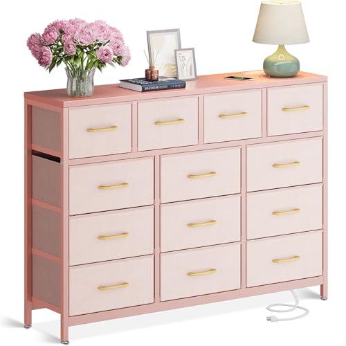ODK Dresser with Charging Station, 57-Inch Long Dresser TV Stand for Bedroom, Large Dresser with 13 Storage Drawers, Chest of Drawers Easy-Pull Fabric Dressers for Living Room, Pink