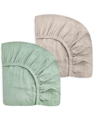 Image of Crib Sheets for Baby Boy Girl 2 Pack, Fitted Crib Mattress Sheet 28 inch x 52 inch, Muslin Toddler Bedding with Neutral Style, Nursery Bedding Essentials (Beige & Sage)