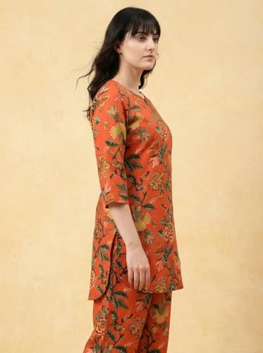 Image of Bee M Pee Designer Trendy Floral Printed Cotton Kurta Coord Sets for Women | Stylish Casual Tunic Kurti Set with Pant for Woman for Office